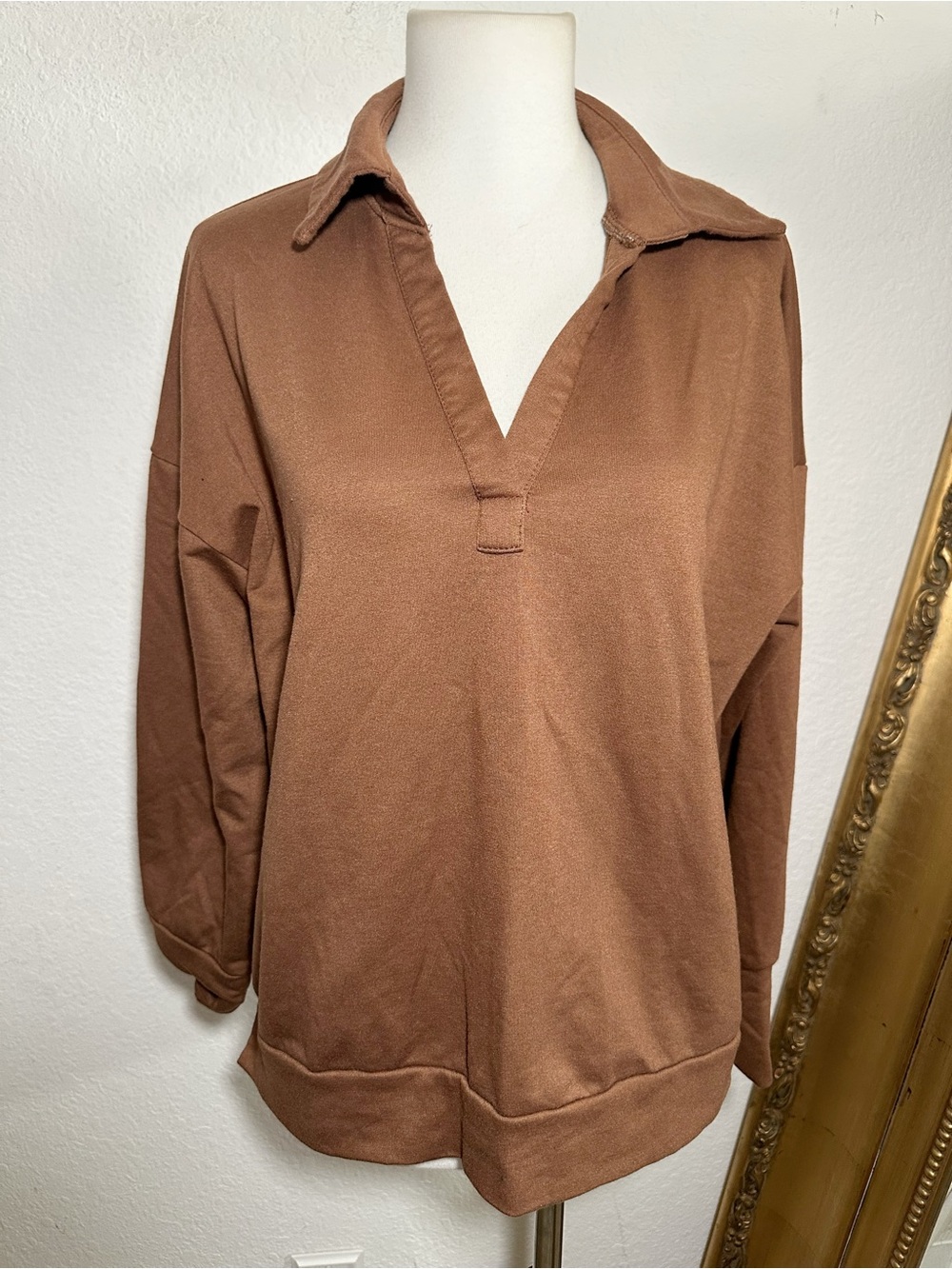 New Amazon Slouchy Cropped Pullover Polo Sweater in Brown Size Small